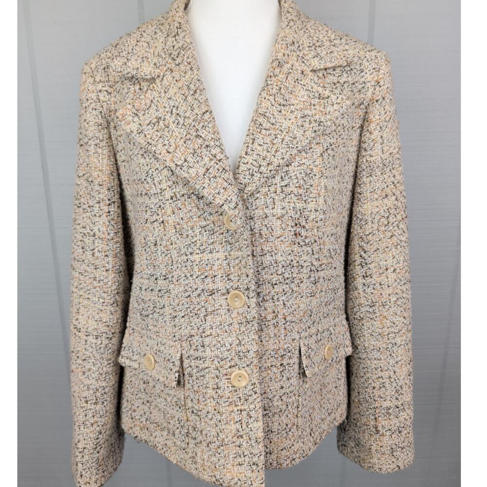 Talbots Tweed Blazer 12 Petite Tan Italian Fabric Wool Blend 3 Button Boucle